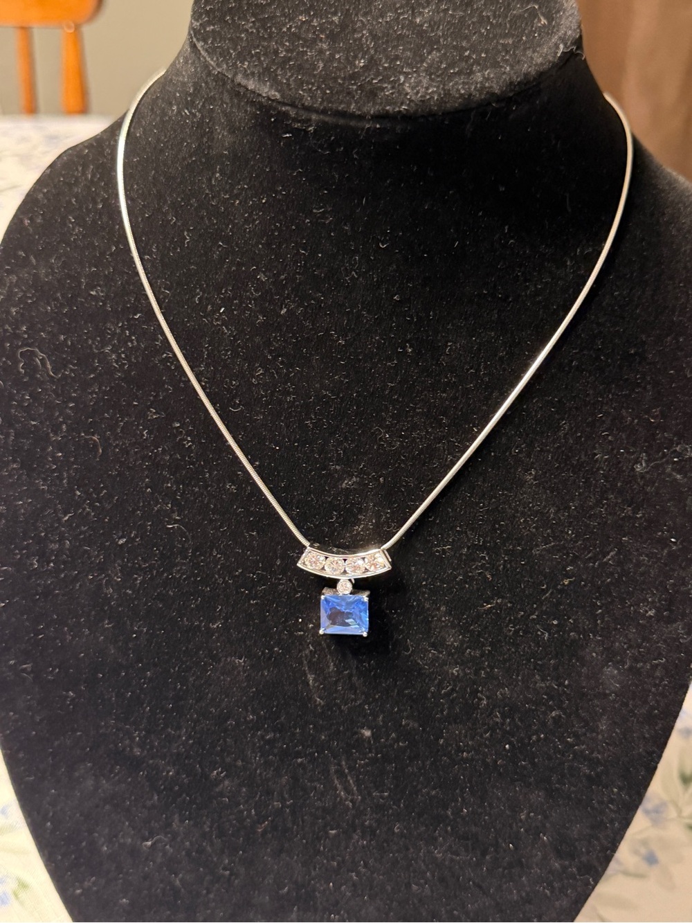 Sterling Silver Necklace with Blue Square Pendant and Crystal Accents